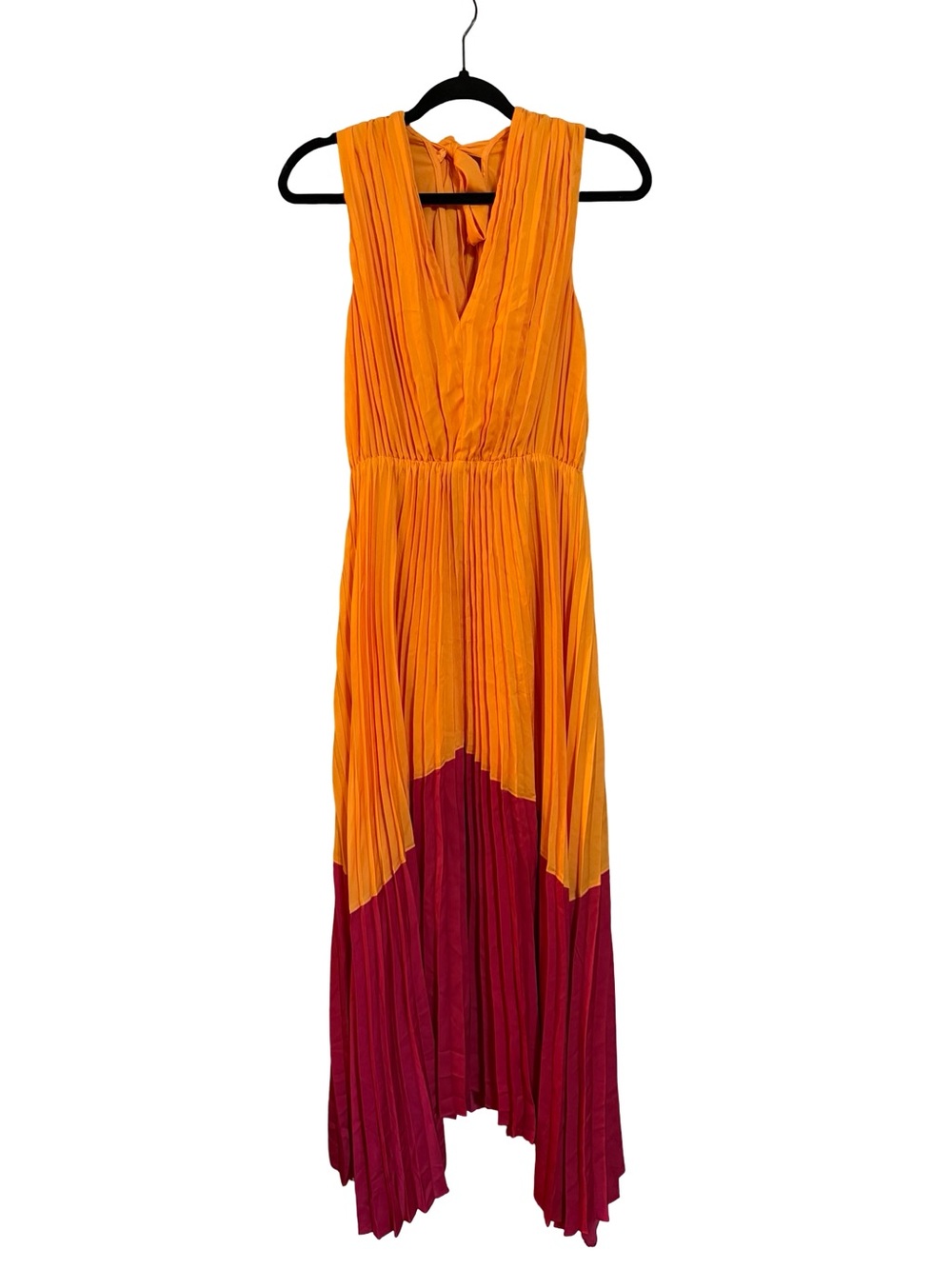 Express Orange and Berry Colorblock Pleated High-Low Maxi Dress